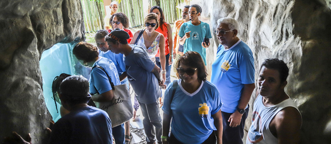 No total, 12 pessoas acolhidas pela instituição puderam conhecer o Projeto Tamar, através de palestra educativa, e conhecer os animais que habitam nos aquários e tanques do espaço | Fotos: Ascom/Pritty Reis